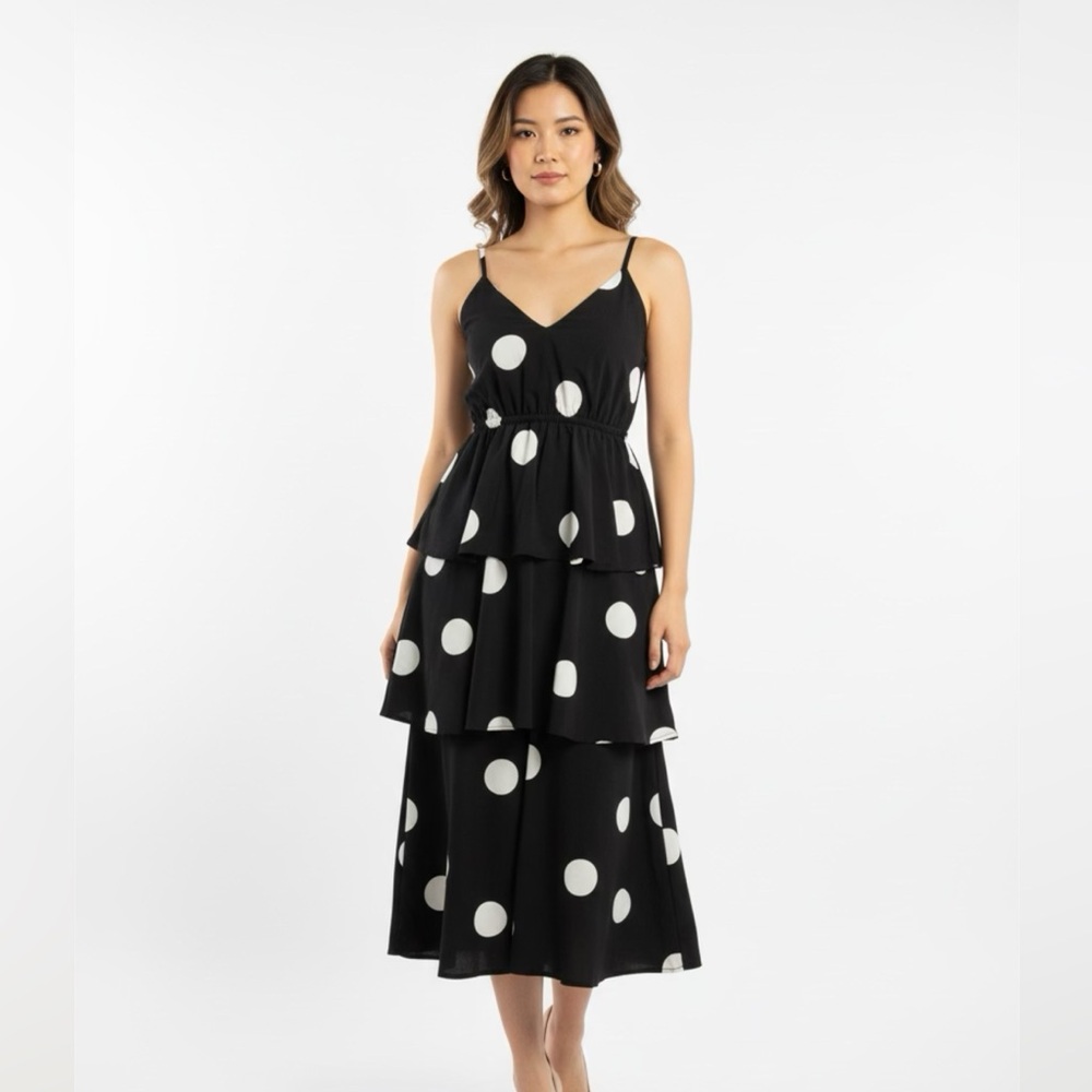 O.P.T. Elegant Black and White Polka Dot Midi Dress